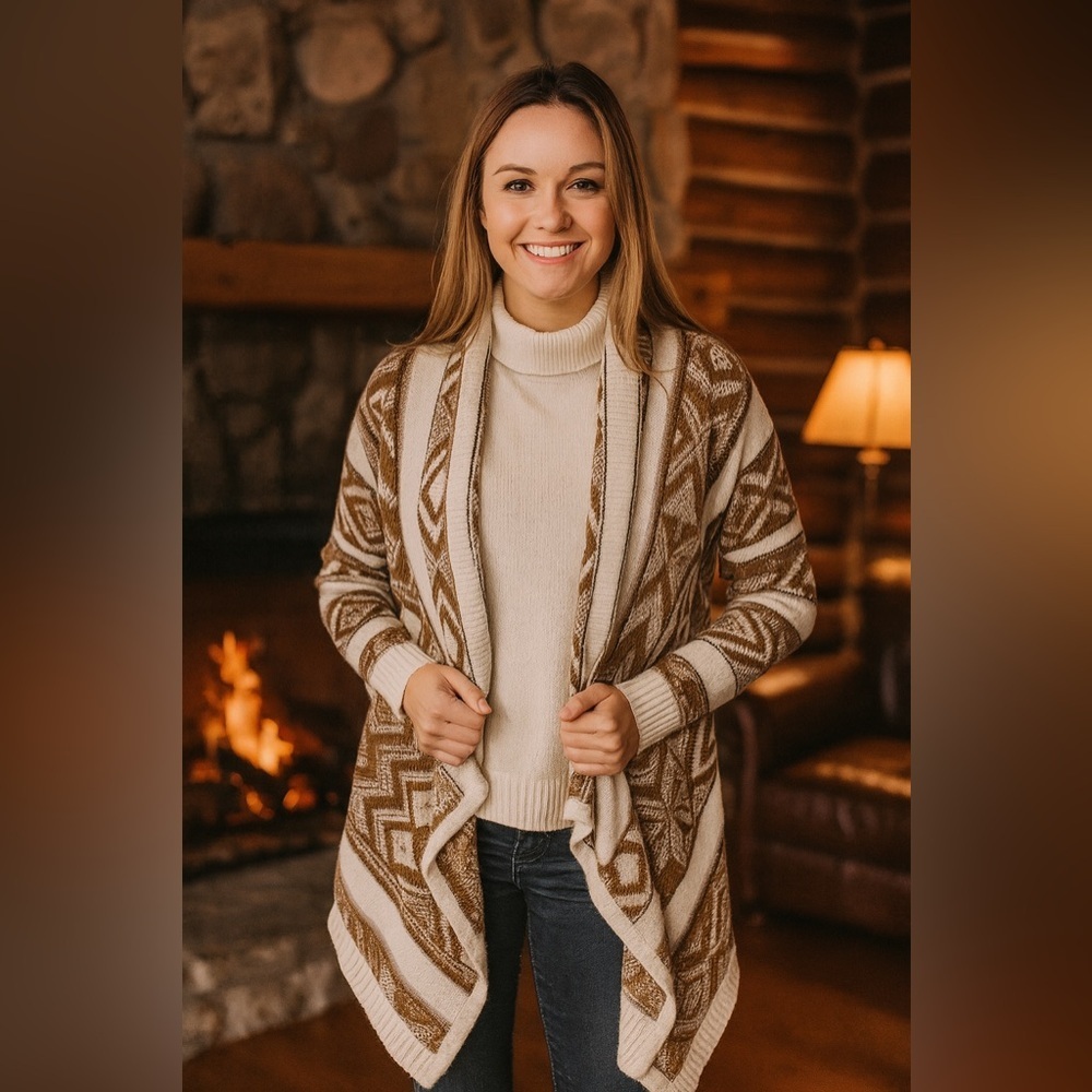 Old Navy Cream and Caramel Open Front Waterfall Cardigan,Aztec Bohemian Print, S